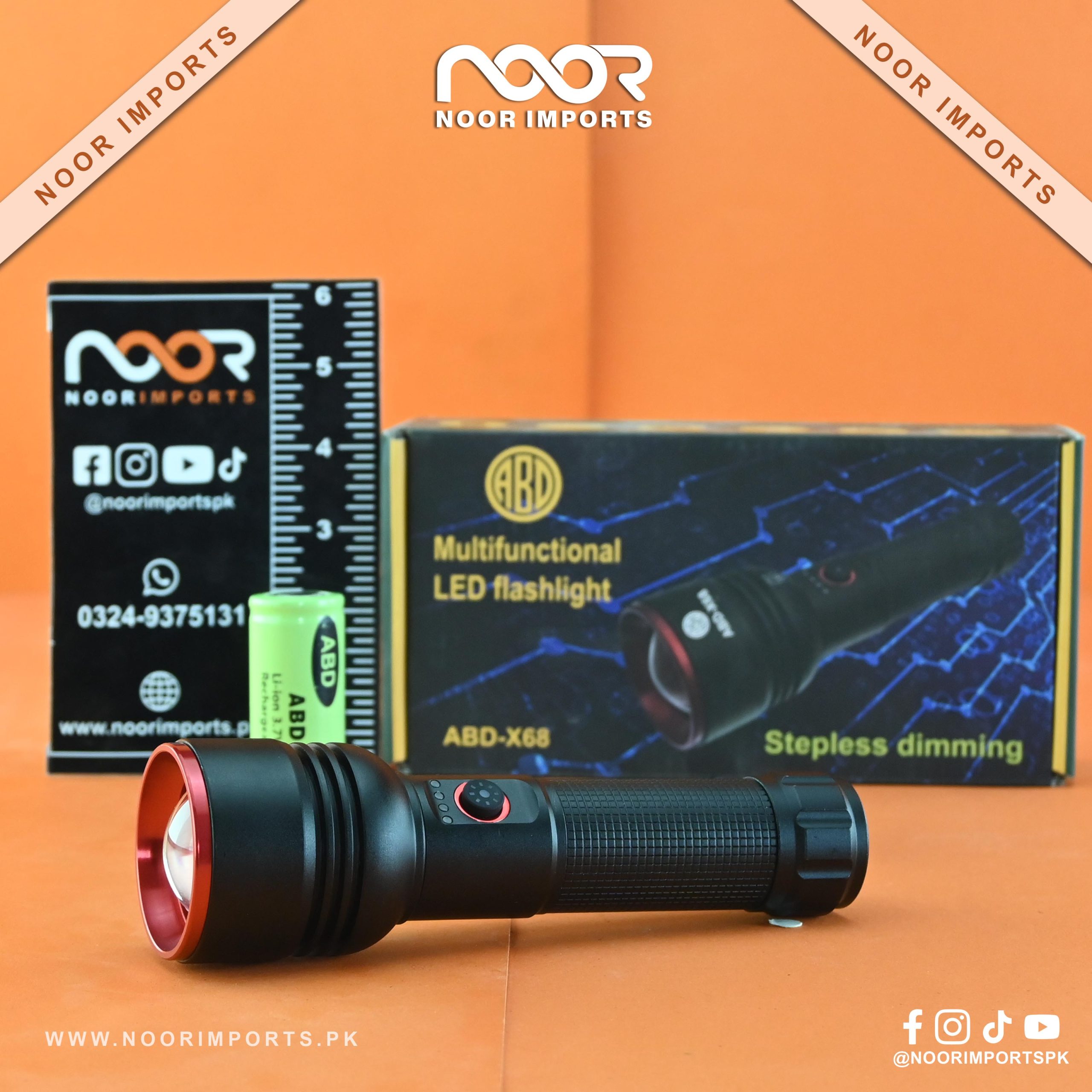 2 ABD-X68 Emergency Flashlight with Stepless Dimming 1KM Range Rechargeable Torch | Noor Imports - Image 1