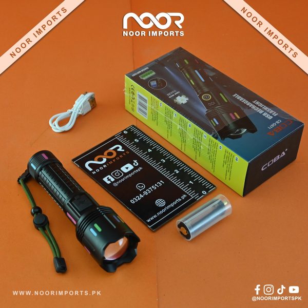 COBA CB-G671 8-in-1 Emergency Flashlight 1KM Range Rechargeable Torch | Noor Imports